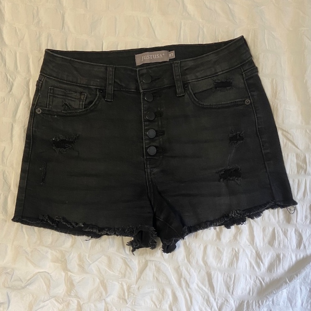 Just USA Distressed Black Denim Jean Shorts Button Up - 27